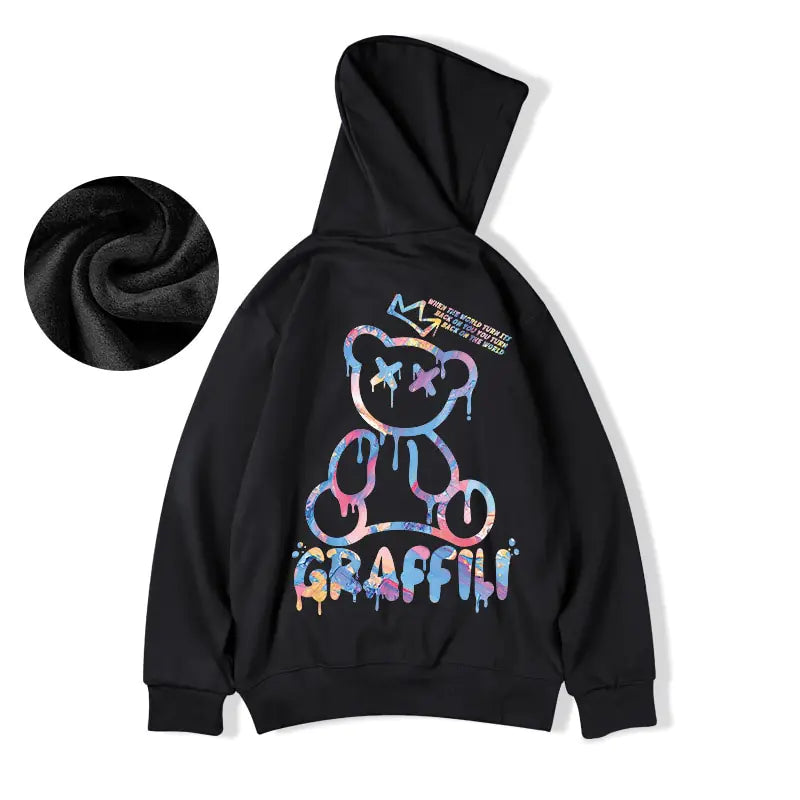 High Street Graffiti Bear Print Men's Fleece Hoodie